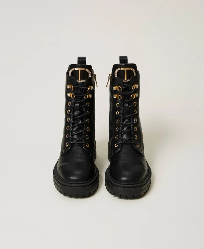 Twinset Combat Boots With Rhinestone Oval T Black Women Combat Boots Twinset Combat Boots With Rhinestone Oval T Black Women Combat Boots