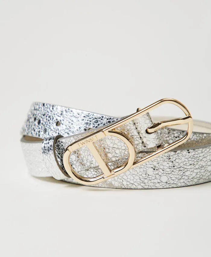 Twinset Cracked Leather Belt With Oval T Buckle Silver Women Belts Twinset Cracked Leather Belt With Oval T Buckle Silver Women Belts