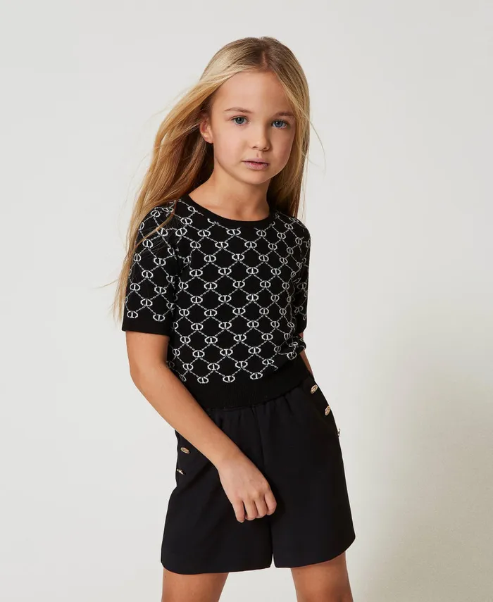 Twinset Crew Neck Jumper With Oval T Jacquard Bicolour Black Ice White Girl Jumpers And Cardigans