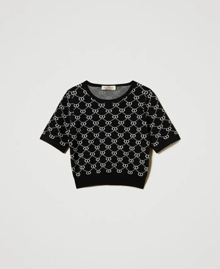 Twinset Crew Neck Jumper With Oval T Jacquard Bicolour Black Ice White Girl Jumpers And Cardigans Twinset Crew Neck Jumper With Oval T Jacquard Bicolour Black Ice White Girl Jumpers And Cardigans