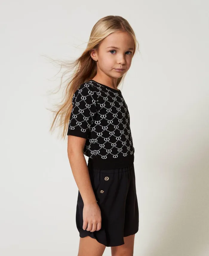 Twinset Crew Neck Jumper With Oval T Jacquard Bicolour Black Ice White Girl Jumpers And Cardigans Twinset Crew Neck Jumper With Oval T Jacquard Bicolour Black Ice White Girl Jumpers And Cardigans