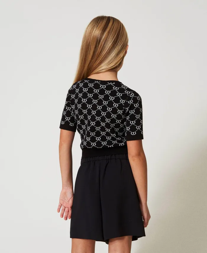 Twinset Crew Neck Jumper With Oval T Jacquard Bicolour Black Ice White Girl Jumpers And Cardigans Twinset Crew Neck Jumper With Oval T Jacquard Bicolour Black Ice White Girl Jumpers And Cardigans