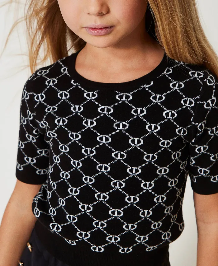 Twinset Crew Neck Jumper With Oval T Jacquard Bicolour Black Ice White Girl Jumpers And Cardigans Twinset Crew Neck Jumper With Oval T Jacquard Bicolour Black Ice White Girl Jumpers And Cardigans