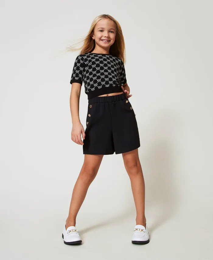 Twinset Crew Neck Jumper With Oval T Jacquard Bicolour Black Ice White Girl Jumpers And Cardigans Twinset Crew Neck Jumper With Oval T Jacquard Bicolour Black Ice White Girl Jumpers And Cardigans