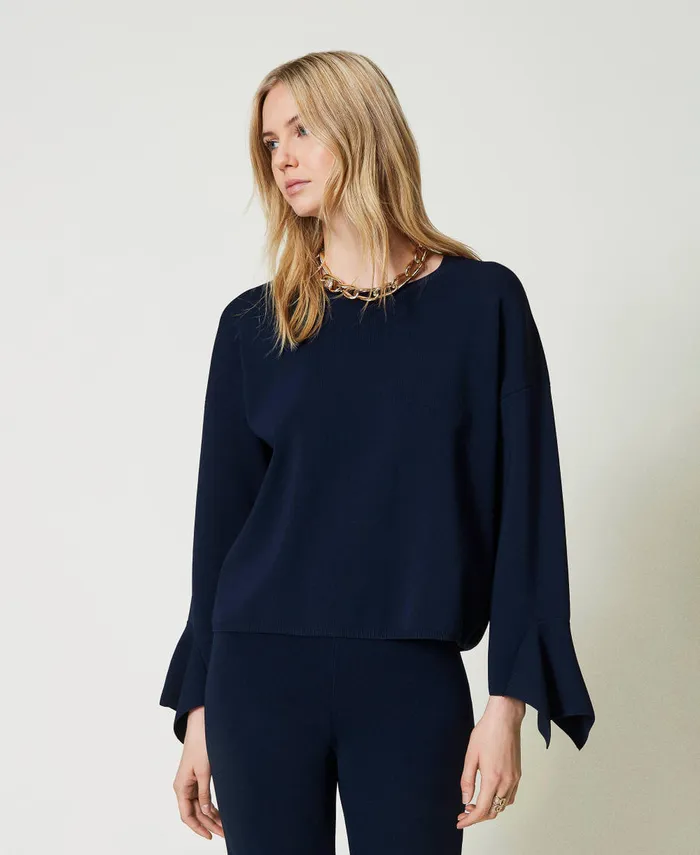 Twinset Crew Neck Jumper With Ruffles Indigo Women Jumpers And Cardigans