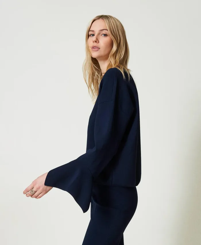 Twinset Crew Neck Jumper With Ruffles Indigo Women Jumpers And Cardigans Twinset Crew Neck Jumper With Ruffles Indigo Women Jumpers And Cardigans
