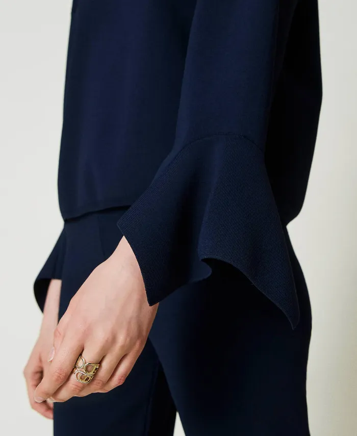 Twinset Crew Neck Jumper With Ruffles Indigo Women Jumpers And Cardigans Twinset Crew Neck Jumper With Ruffles Indigo Women Jumpers And Cardigans