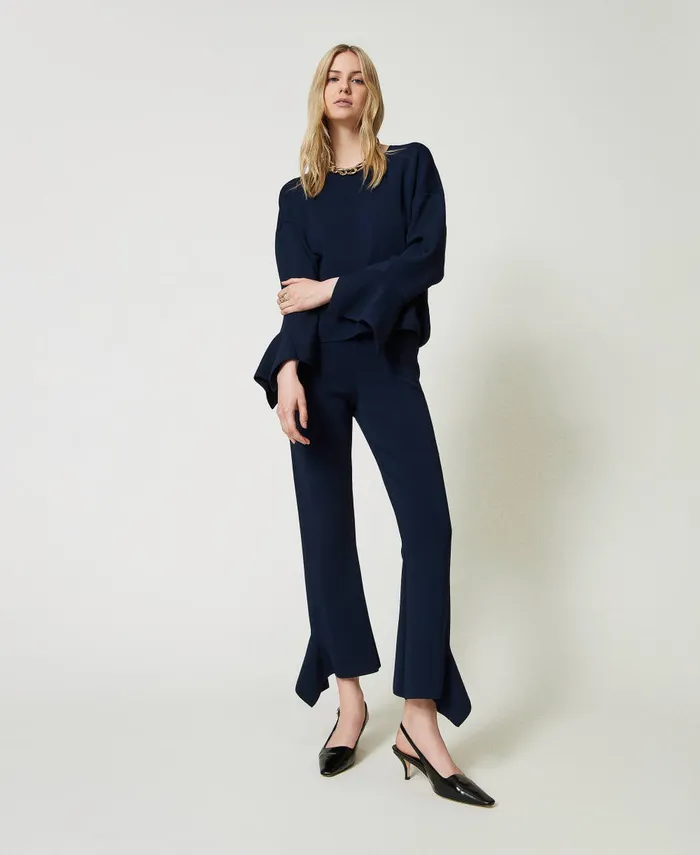 Twinset Crew Neck Jumper With Ruffles Indigo Women Jumpers And Cardigans Twinset Crew Neck Jumper With Ruffles Indigo Women Jumpers And Cardigans