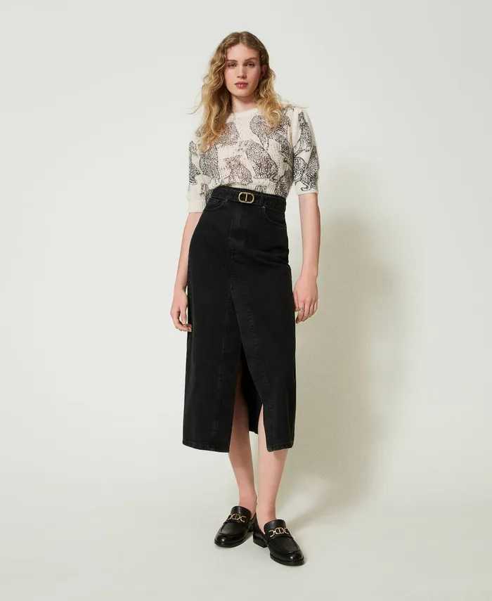 Twinset Denim Skirt With Belt Black Denim Women Skirts