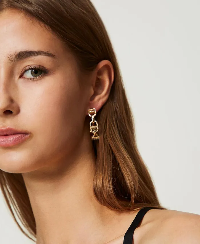 Twinset Earrings With Oval T Chain And Rhinestones New Gold Women Jewellery Twinset Earrings With Oval T Chain And Rhinestones New Gold Women Jewellery