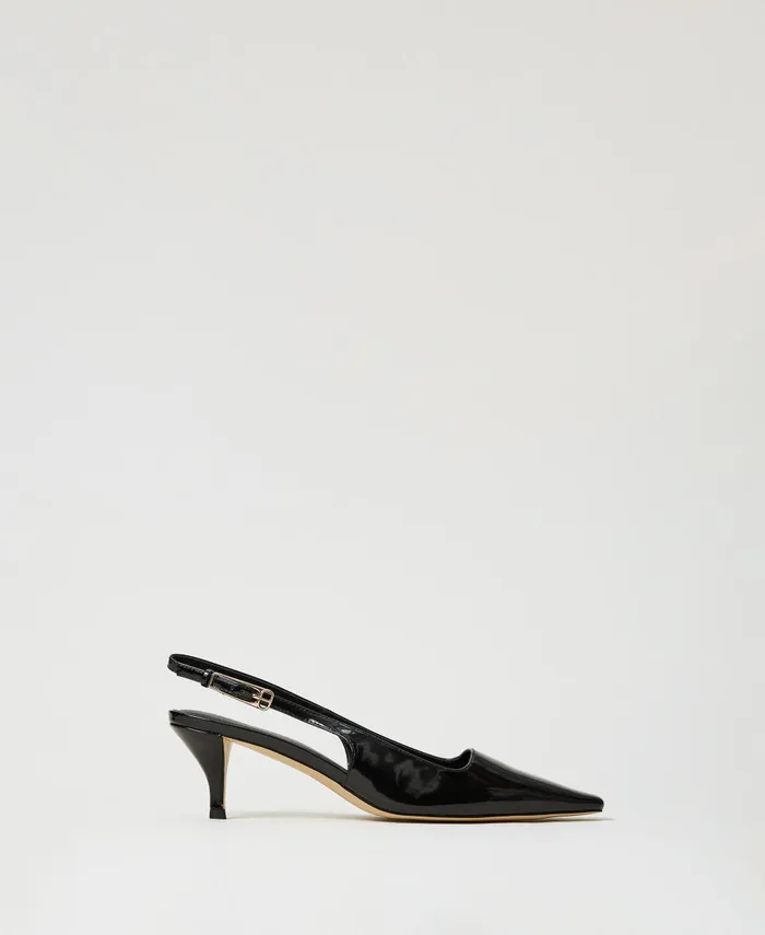 Twinset Faux Patent Leather Sling Back Court Shoes Black Women Heels
