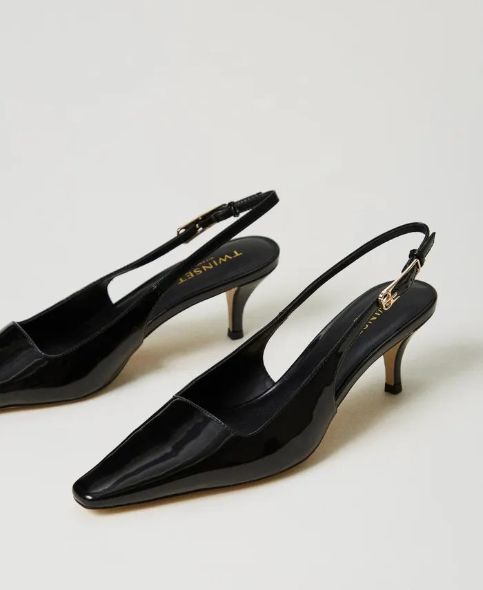 Twinset Faux Patent Leather Sling Back Court Shoes Black Women Heels