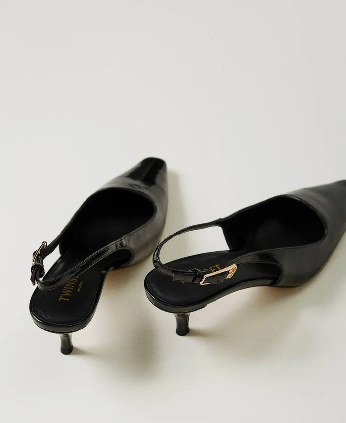 Twinset Faux Patent Leather Sling Back Court Shoes Black Women Heels