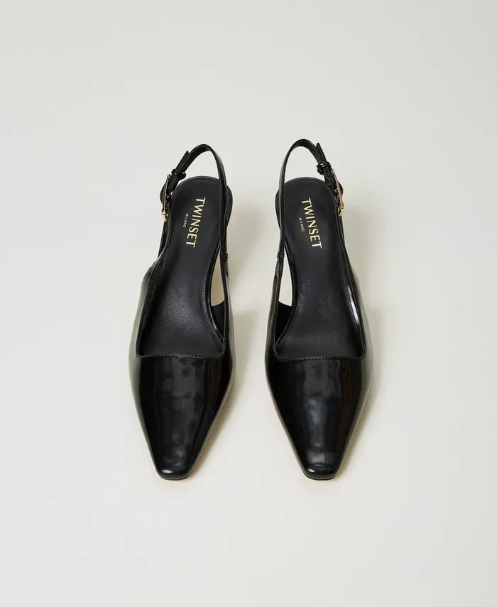 Twinset Faux Patent Leather Sling Back Court Shoes Black Women Heels