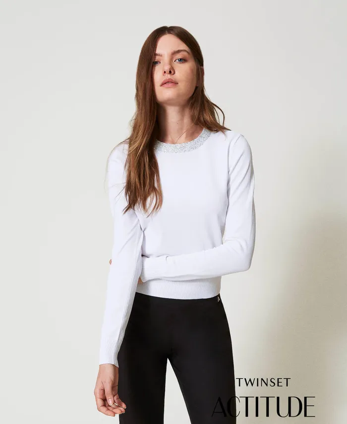 Twinset Fitted Jumper With Sequins Papers White Women Jumpers And Cardigans