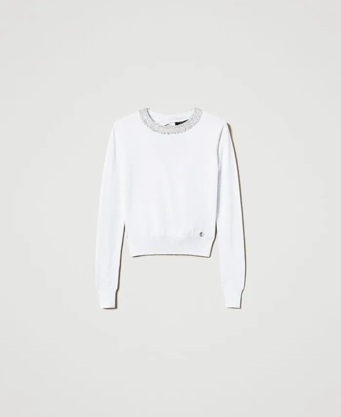 Twinset Fitted Jumper With Sequins Papers White Women Jumpers And Cardigans Twinset Fitted Jumper With Sequins Papers White Women Jumpers And Cardigans