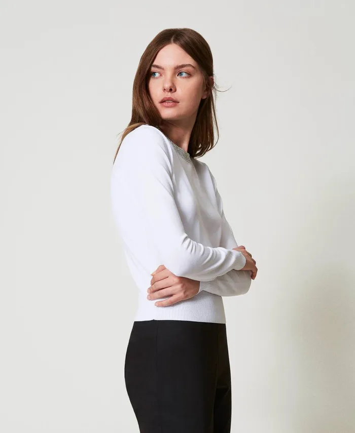 Twinset Fitted Jumper With Sequins Papers White Women Jumpers And Cardigans Twinset Fitted Jumper With Sequins Papers White Women Jumpers And Cardigans
