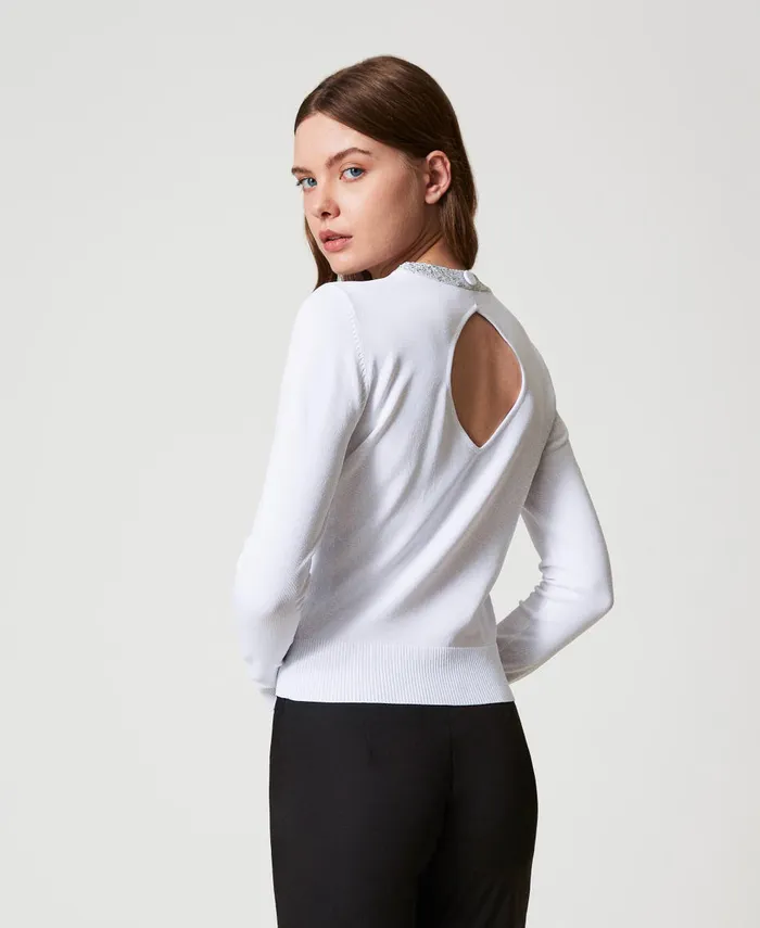 Twinset Fitted Jumper With Sequins Papers White Women Jumpers And Cardigans Twinset Fitted Jumper With Sequins Papers White Women Jumpers And Cardigans