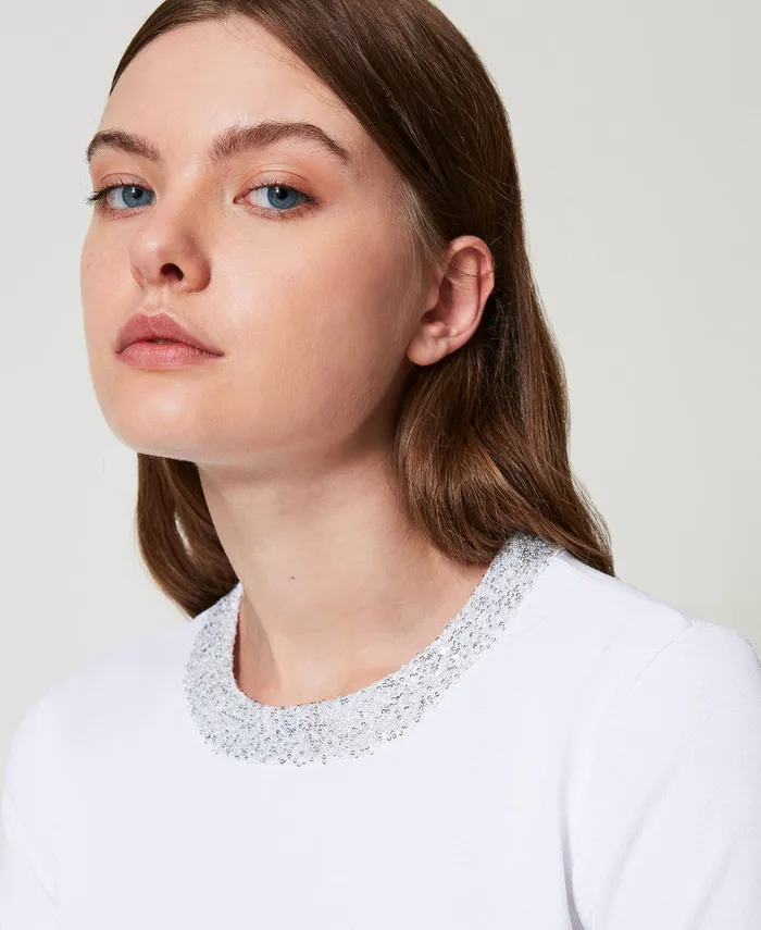 Twinset Fitted Jumper With Sequins Papers White Women Jumpers And Cardigans Twinset Fitted Jumper With Sequins Papers White Women Jumpers And Cardigans