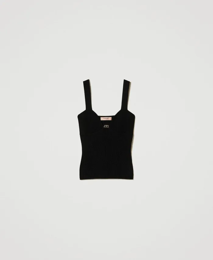 Twinset Fitted Knit Top With Oval T Logo Black Women TShirts And Tops