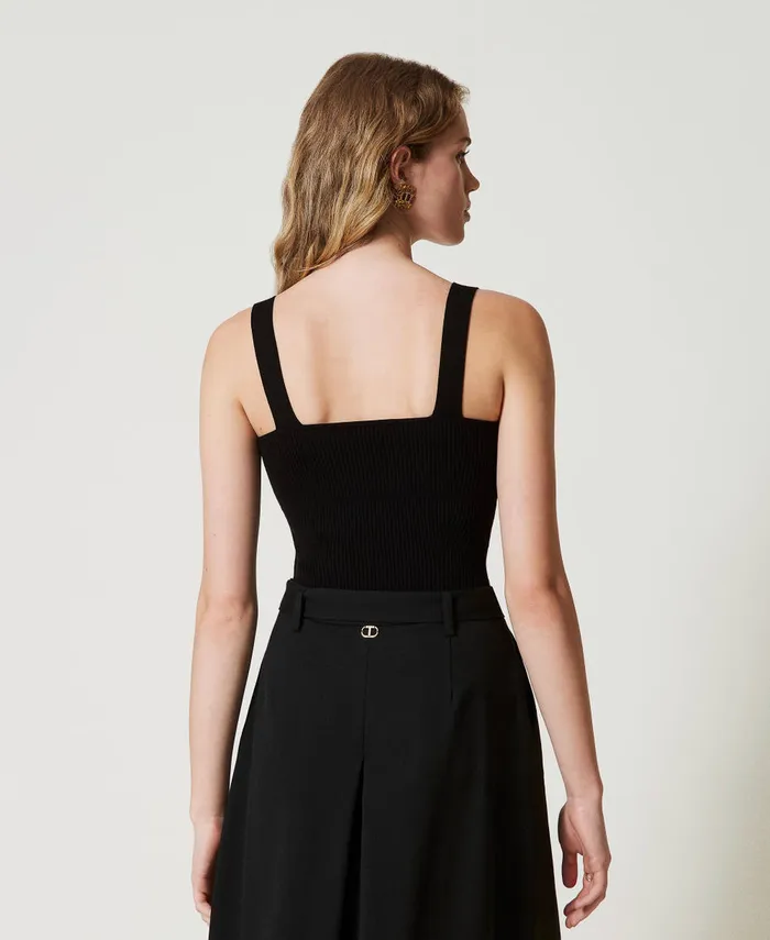 Twinset Fitted Knit Top With Oval T Logo Black Women TShirts And Tops