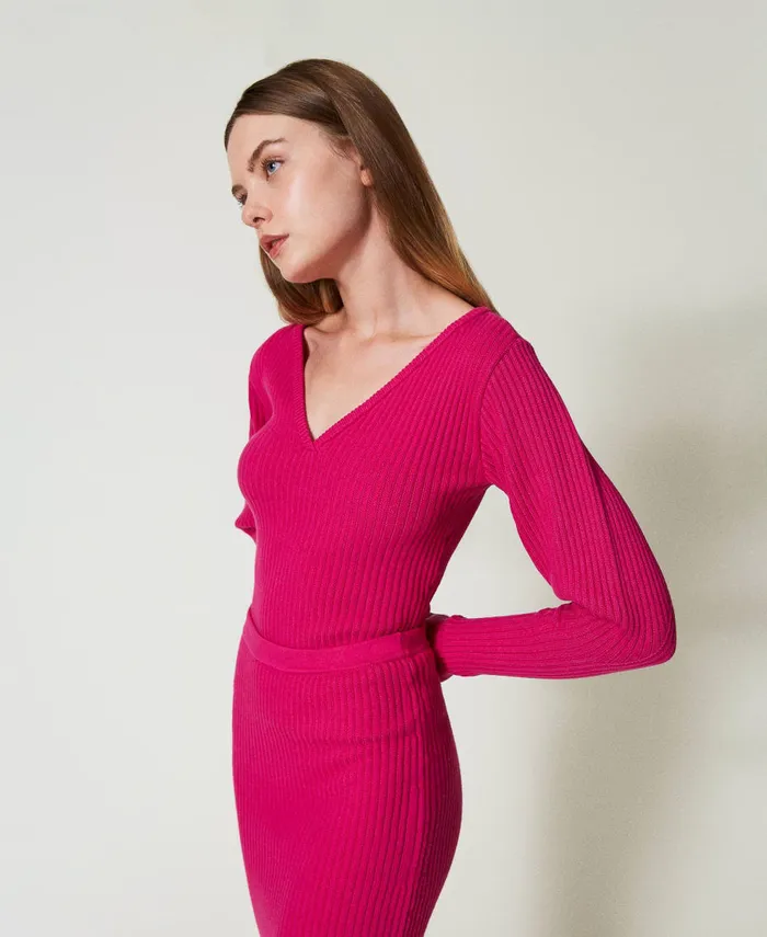 Twinset Fitted Rib Knit Jumper Super Pink Women Jumpers And Cardigans