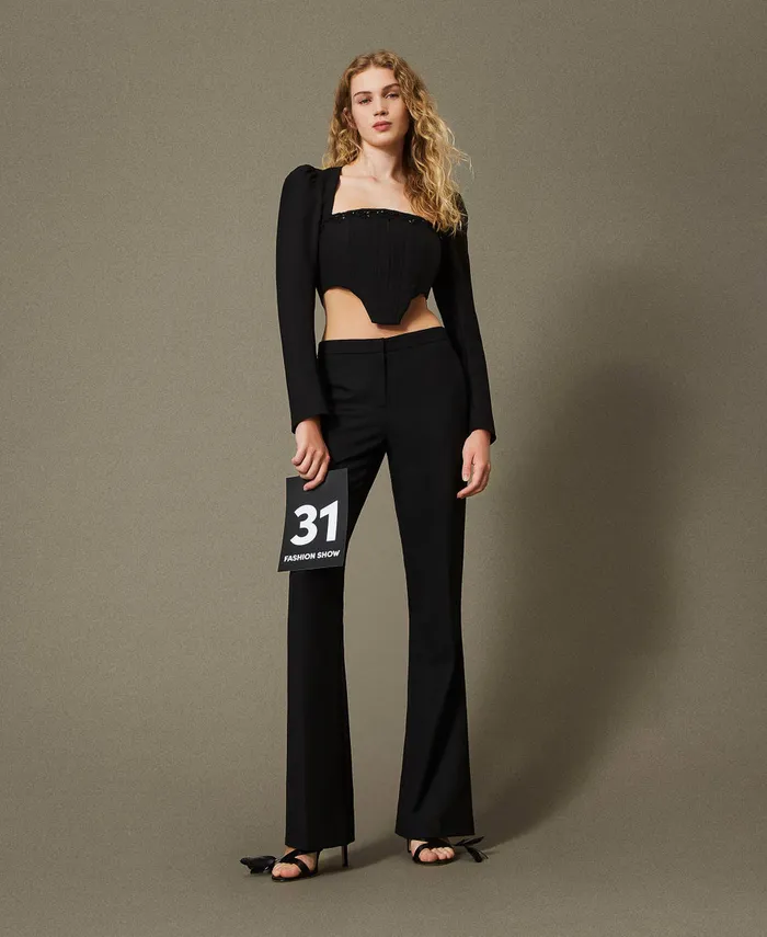Twinset Flared Wool Blend Serge Trousers Black Women Trousers