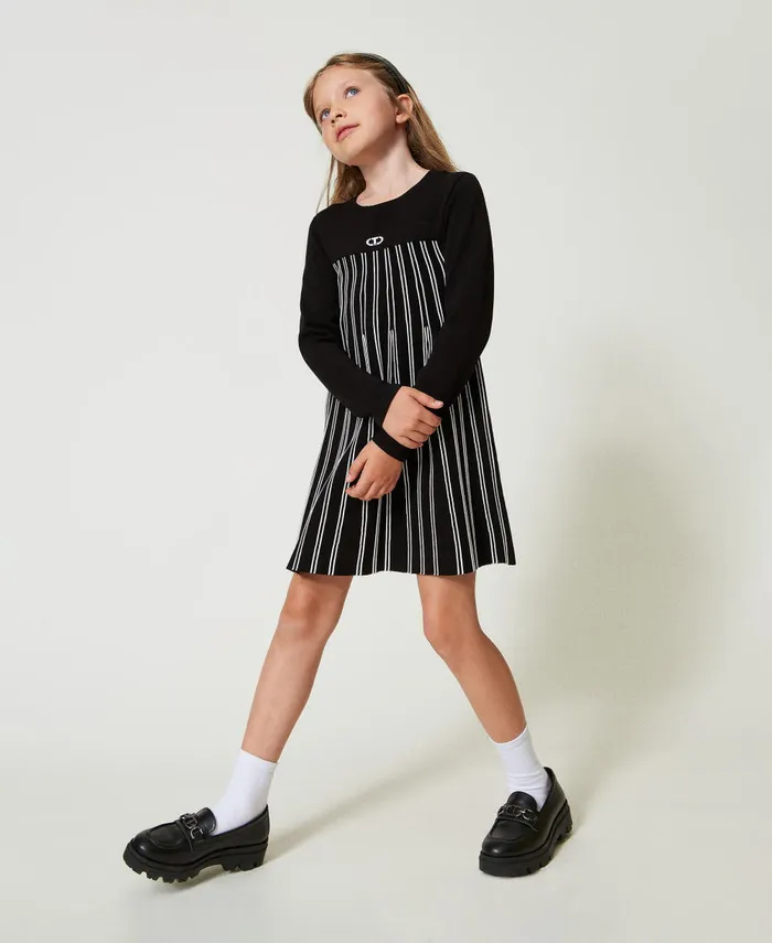 Twinset Flexage Short Knit Dress With Stripes Bicolour Black Off White Girl Dresses
