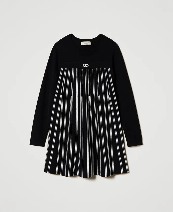 Twinset Flexage Short Knit Dress With Stripes Bicolour Black Off White Girl Dresses Twinset Flexage Short Knit Dress With Stripes Bicolour Black Off White Girl Dresses