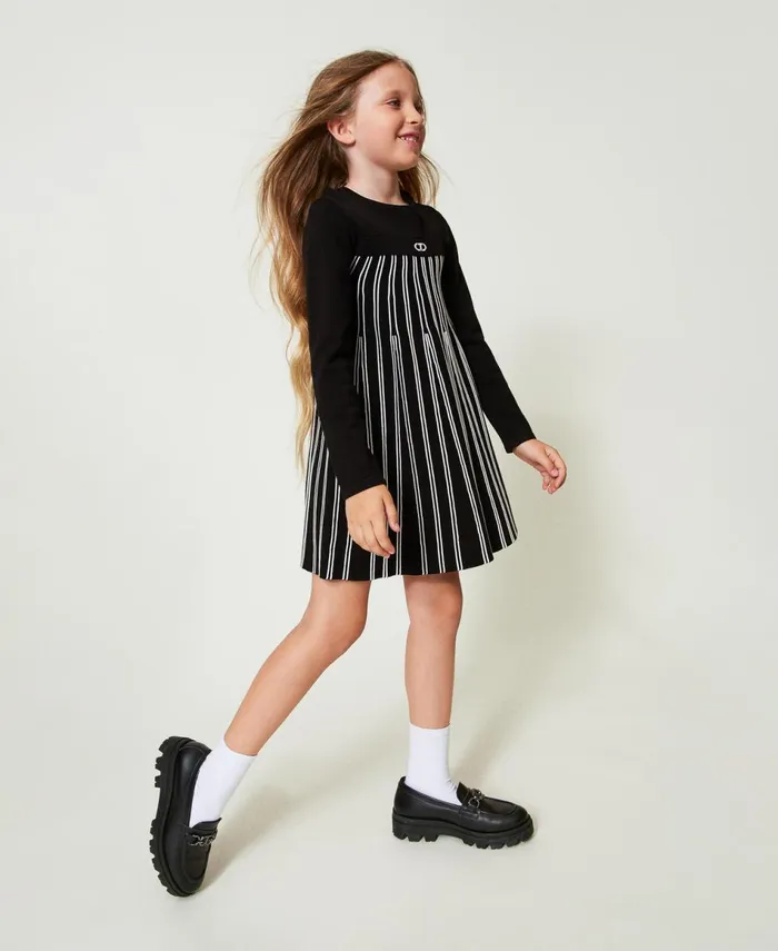 Twinset Flexage Short Knit Dress With Stripes Bicolour Black Off White Girl Dresses Twinset Flexage Short Knit Dress With Stripes Bicolour Black Off White Girl Dresses