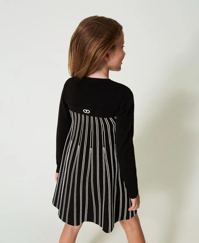 Twinset Flexage Short Knit Dress With Stripes Bicolour Black Off White Girl Dresses Twinset Flexage Short Knit Dress With Stripes Bicolour Black Off White Girl Dresses