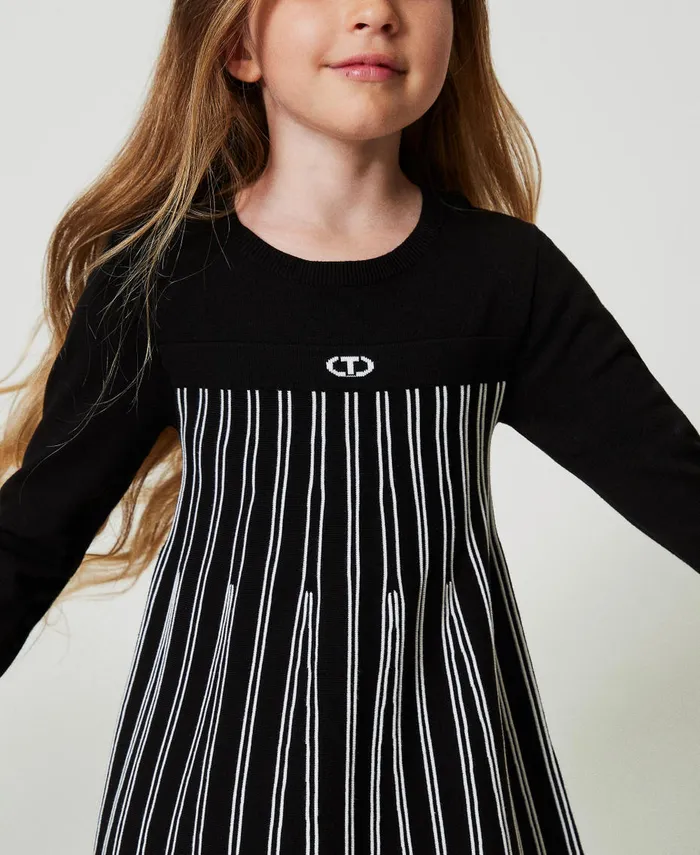 Twinset Flexage Short Knit Dress With Stripes Bicolour Black Off White Girl Dresses Twinset Flexage Short Knit Dress With Stripes Bicolour Black Off White Girl Dresses