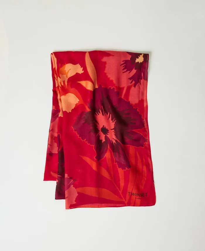 Twinset Floral Print Stole Red Red Plum Macro Flowers Women Scarves
