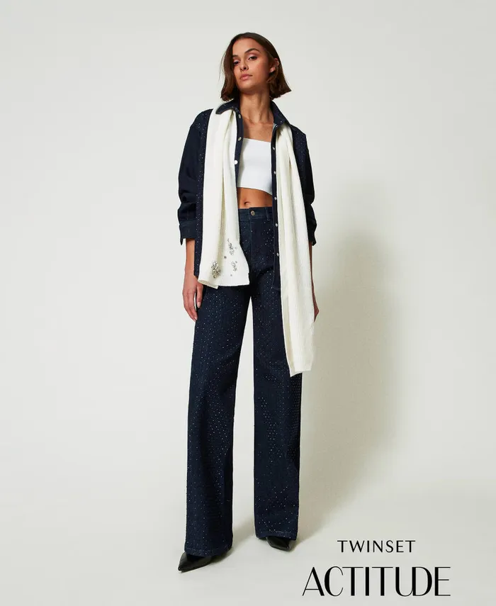 Twinset Full Rhinestone Wide Leg Jeans Rinsed Denim Women Jeans