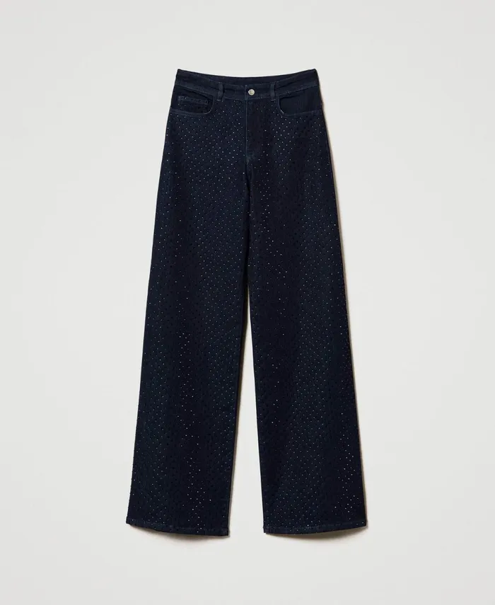 Twinset Full Rhinestone Wide Leg Jeans Rinsed Denim Women Jeans Twinset Full Rhinestone Wide Leg Jeans Rinsed Denim Women Jeans