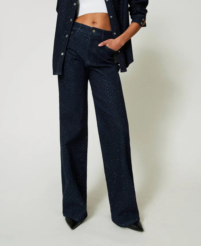 Twinset Full Rhinestone Wide Leg Jeans Rinsed Denim Women Jeans Twinset Full Rhinestone Wide Leg Jeans Rinsed Denim Women Jeans