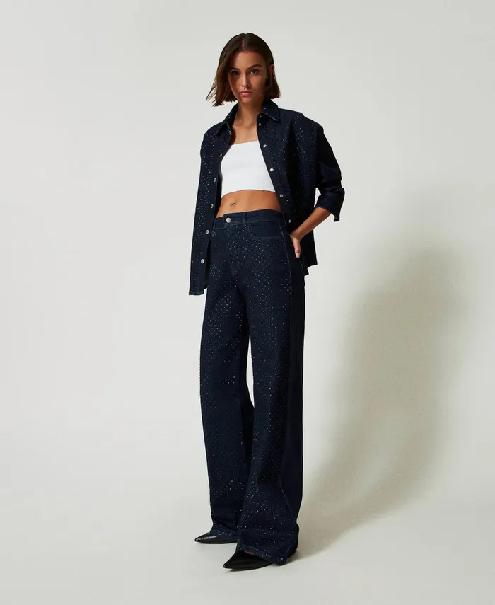 Twinset Full Rhinestone Wide Leg Jeans Rinsed Denim Women Jeans Twinset Full Rhinestone Wide Leg Jeans Rinsed Denim Women Jeans