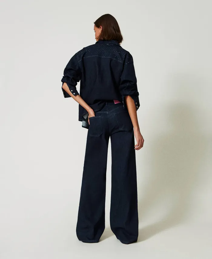 Twinset Full Rhinestone Wide Leg Jeans Rinsed Denim Women Jeans Twinset Full Rhinestone Wide Leg Jeans Rinsed Denim Women Jeans