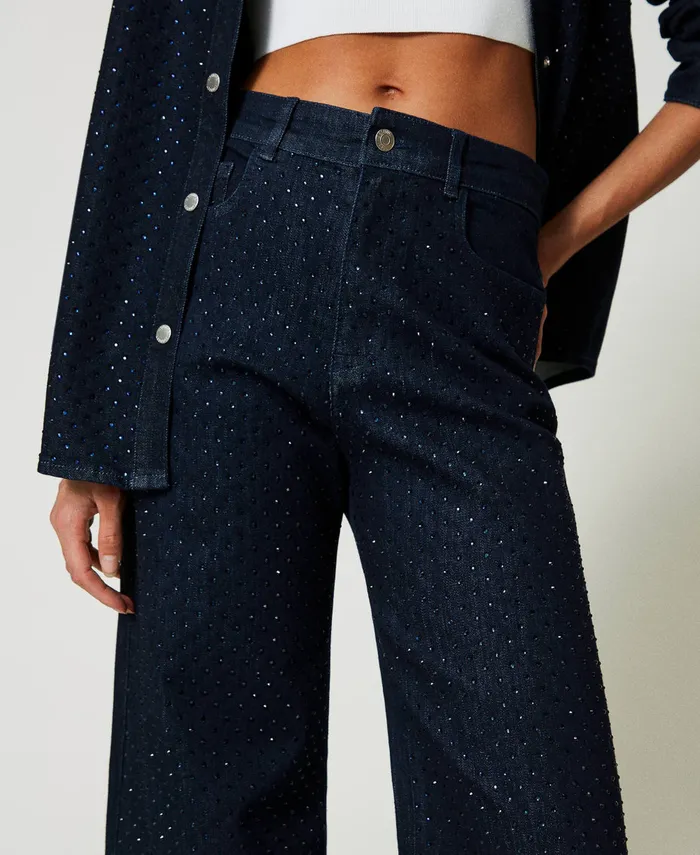 Twinset Full Rhinestone Wide Leg Jeans Rinsed Denim Women Jeans Twinset Full Rhinestone Wide Leg Jeans Rinsed Denim Women Jeans
