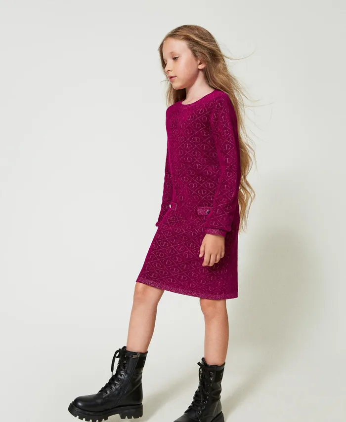 Twinset Jacquard Knit Short Dress With Oval T Twotone Magenta Purple Pink Orchid Girl Dresses