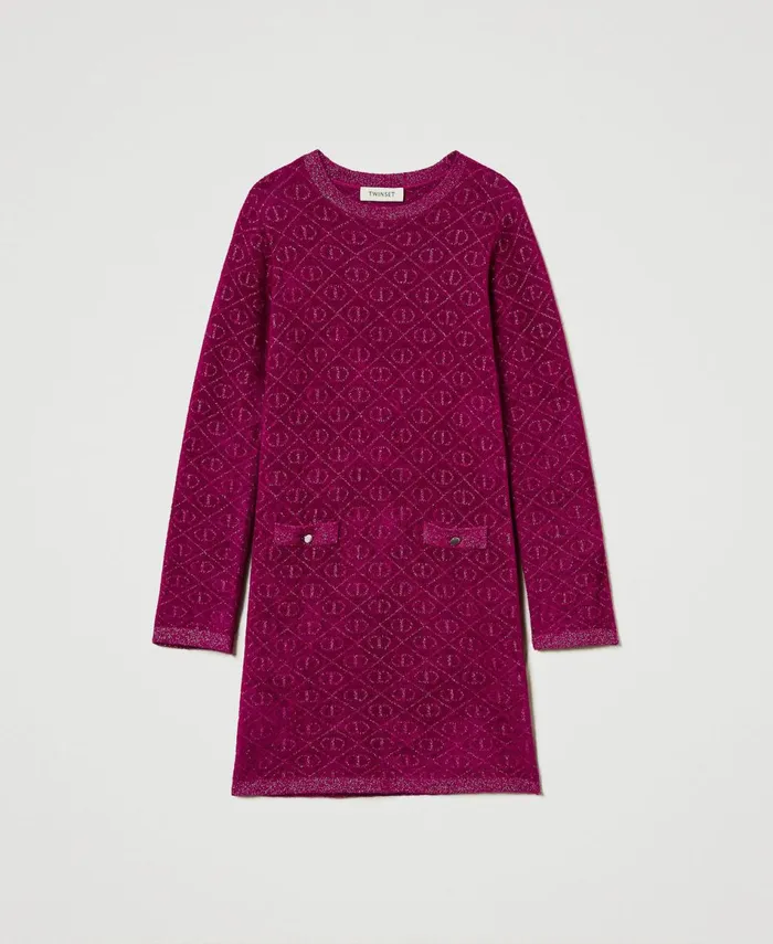 Twinset Jacquard Knit Short Dress With Oval T Twotone Magenta Purple Pink Orchid Girl Dresses Twinset Jacquard Knit Short Dress With Oval T Twotone Magenta Purple Pink Orchid Girl Dresses