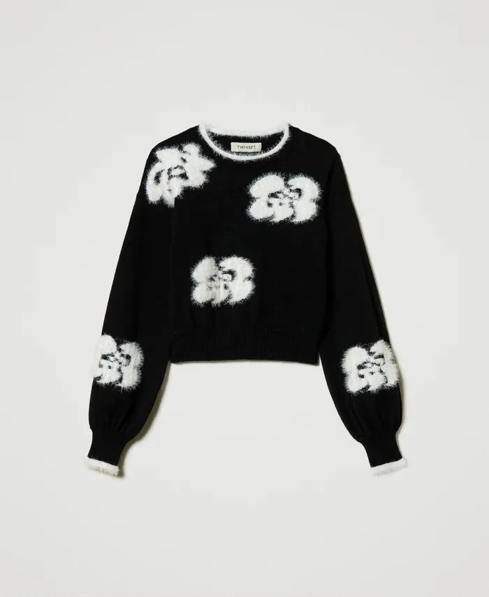 Twinset Jumper With Inlaid Flowers Bicolour Black Off White Girl Jumpers And Cardigans Twinset Jumper With Inlaid Flowers Bicolour Black Off White Girl Jumpers And Cardigans
