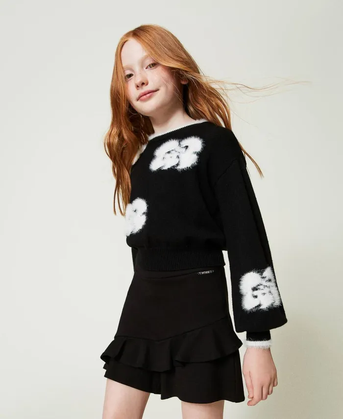 Twinset Jumper With Inlaid Flowers Bicolour Black Off White Girl Jumpers And Cardigans Twinset Jumper With Inlaid Flowers Bicolour Black Off White Girl Jumpers And Cardigans