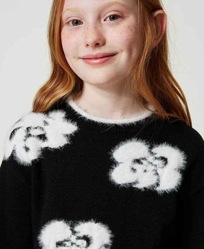 Twinset Jumper With Inlaid Flowers Bicolour Black Off White Girl Jumpers And Cardigans Twinset Jumper With Inlaid Flowers Bicolour Black Off White Girl Jumpers And Cardigans