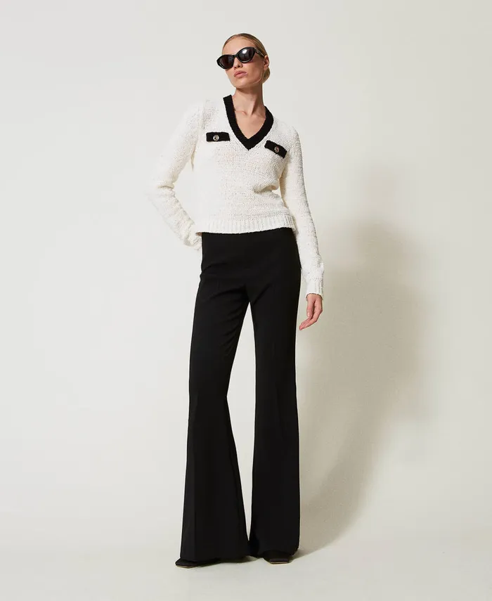 Twinset Jumper With Oval T Buttons Bicolour Snow White Black Women Jumpers And Cardigans