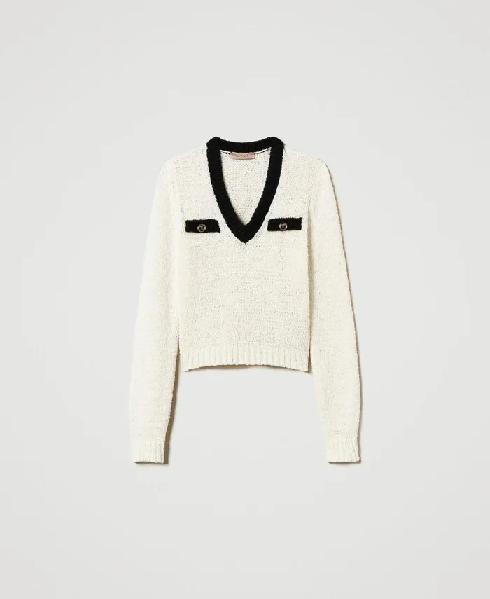 Twinset Jumper With Oval T Buttons Bicolour Snow White Black Women Jumpers And Cardigans Twinset Jumper With Oval T Buttons Bicolour Snow White Black Women Jumpers And Cardigans