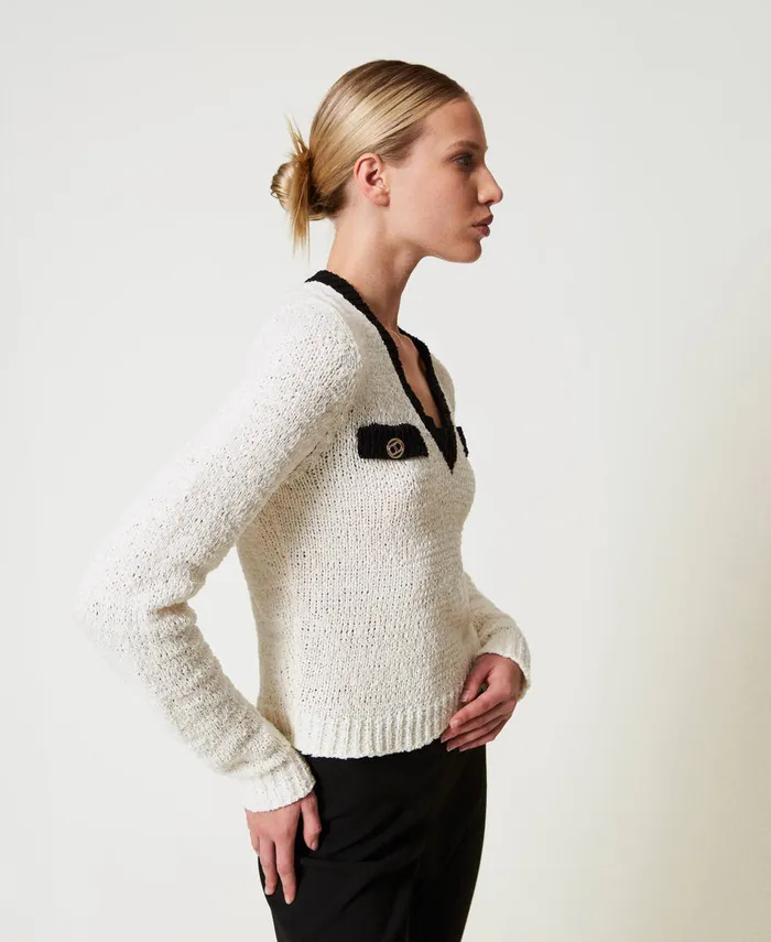 Twinset Jumper With Oval T Buttons Bicolour Snow White Black Women Jumpers And Cardigans Twinset Jumper With Oval T Buttons Bicolour Snow White Black Women Jumpers And Cardigans