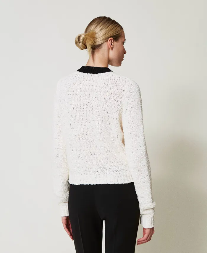 Twinset Jumper With Oval T Buttons Bicolour Snow White Black Women Jumpers And Cardigans Twinset Jumper With Oval T Buttons Bicolour Snow White Black Women Jumpers And Cardigans