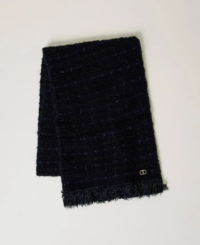 Twinset Knit Scarf With Lurex And Fringes Classic Blue Black Lurex Checked Jacquard Women Scarves
