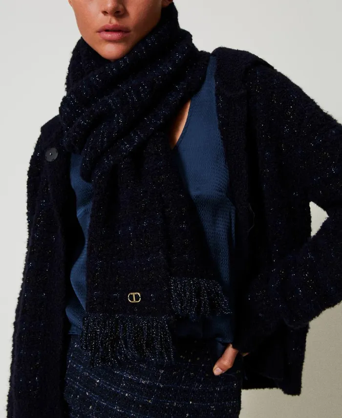 Twinset Knit Scarf With Lurex And Fringes Classic Blue Black Lurex Checked Jacquard Women Scarves Twinset Knit Scarf With Lurex And Fringes Classic Blue Black Lurex Checked Jacquard Women Scarves